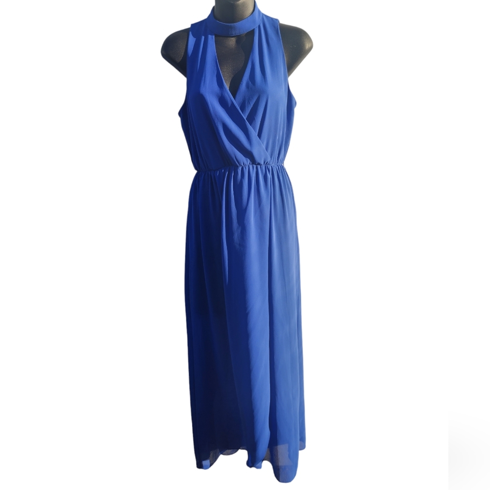 By & By blue maxi wrap dress with a black lace under skirt size XS
